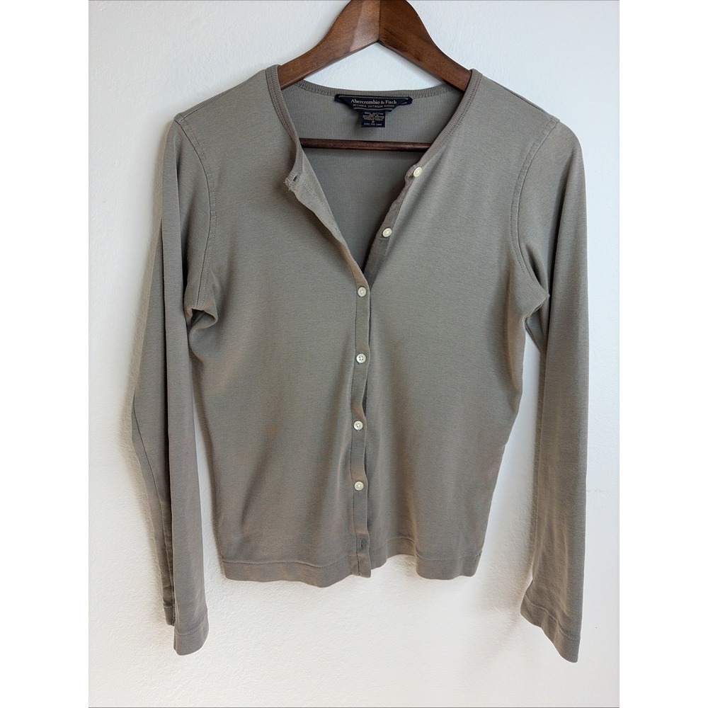 Abercrombie & Fitch Ribbed Button Cardigan Women's S Taupe Fitted Y2k Minimalist